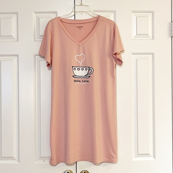 Life Is Good Pink V-Neck Short Sleeve Sleep Dress Heart Coffee Mug Design. Large - Picture 3 of 12